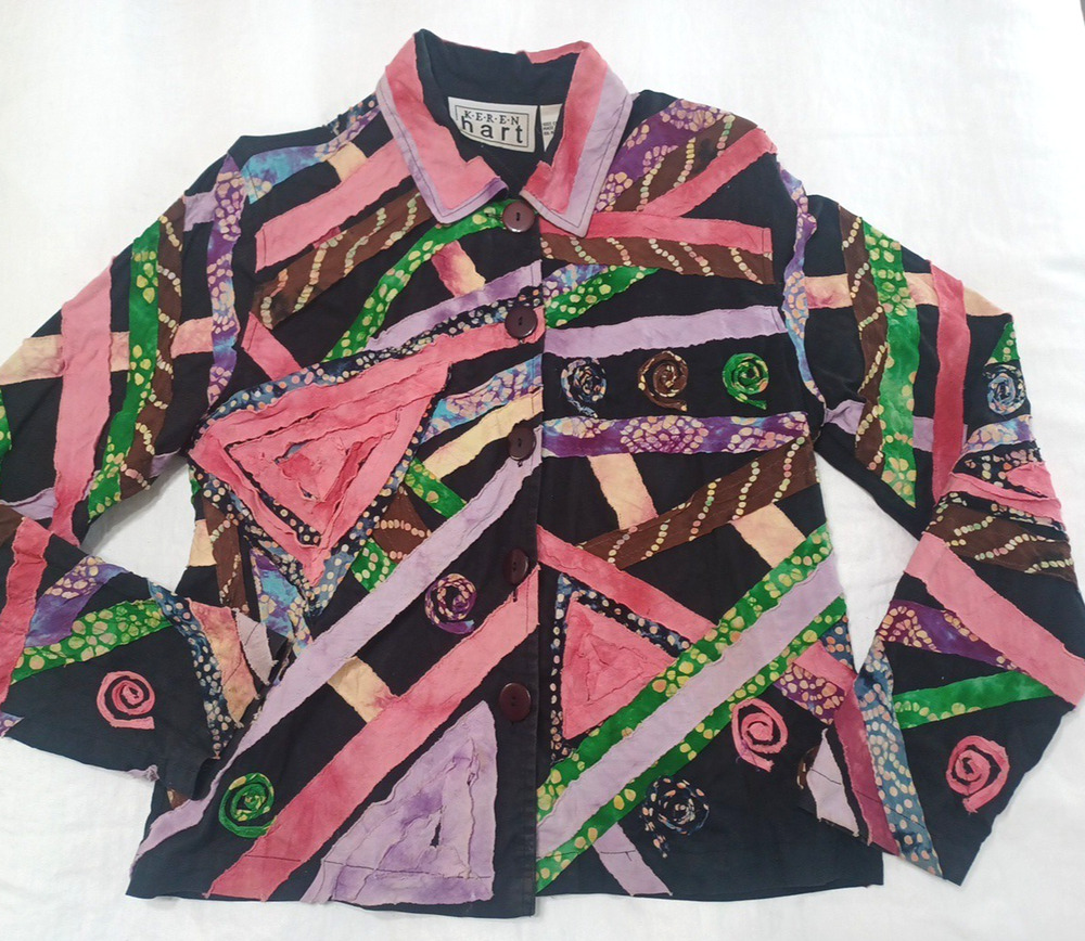 Keren Hart VTG Women's Rag Patch Button Jacket Blazer Sz S Boho Hippie *READ
